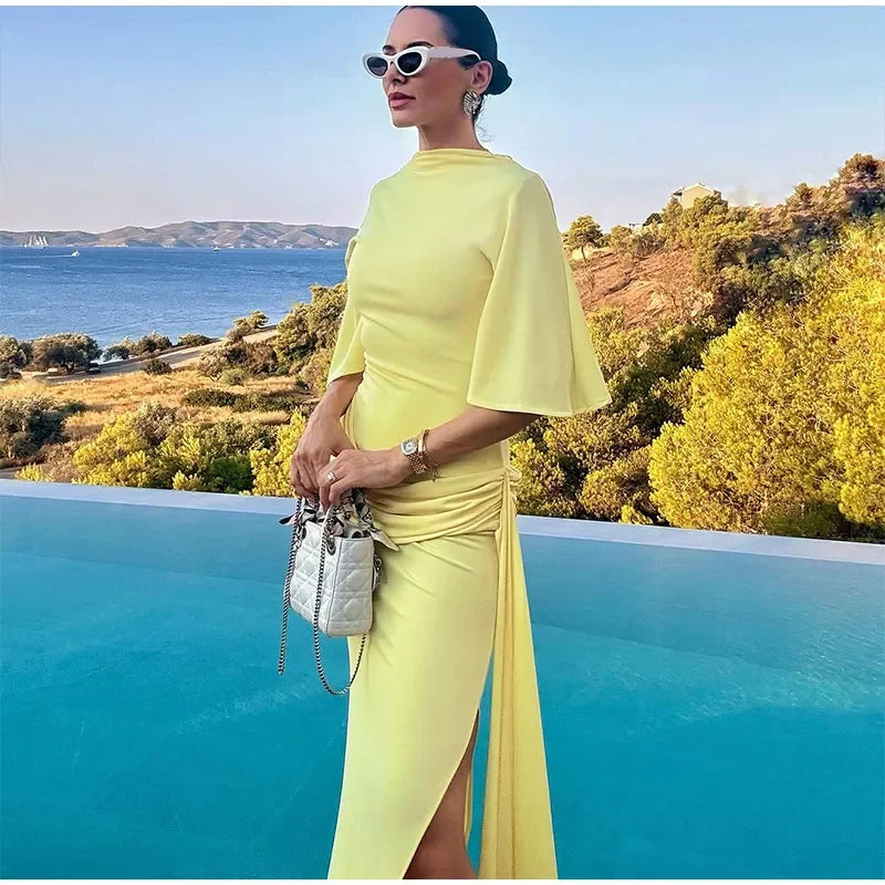 Irregular Yellow Backless Maxi Dress Women's Elegant Half Sleeve Split Slim Fit Pleated Robes 2025 Lady Evening Party Gowns New