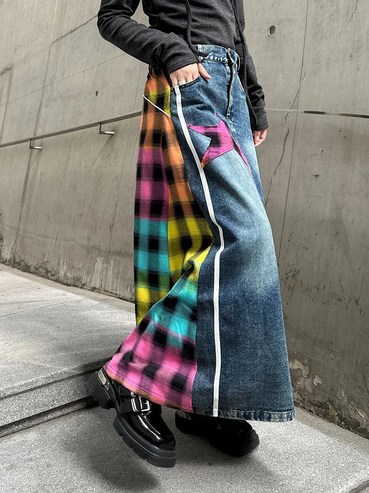 [EAM] High Elastic Waist Blue Back Plaid Denim Long A-line Half-body Skirt Women Fashion Tide New Spring Autumn 2025 1DH8117