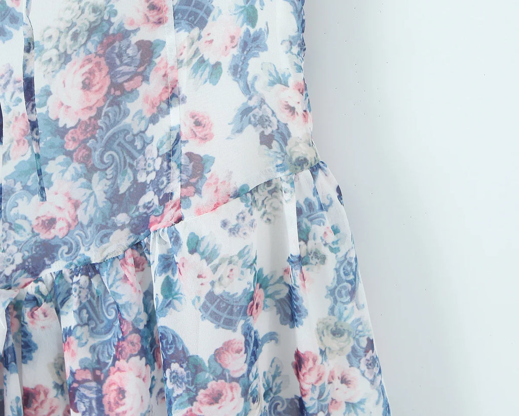 YENKYE Boho Blue Floral Print Mini Dress Women Puff Sleeve Lace Spliced A-line Beach Holiday Summer Dresses 2025 Short Robe