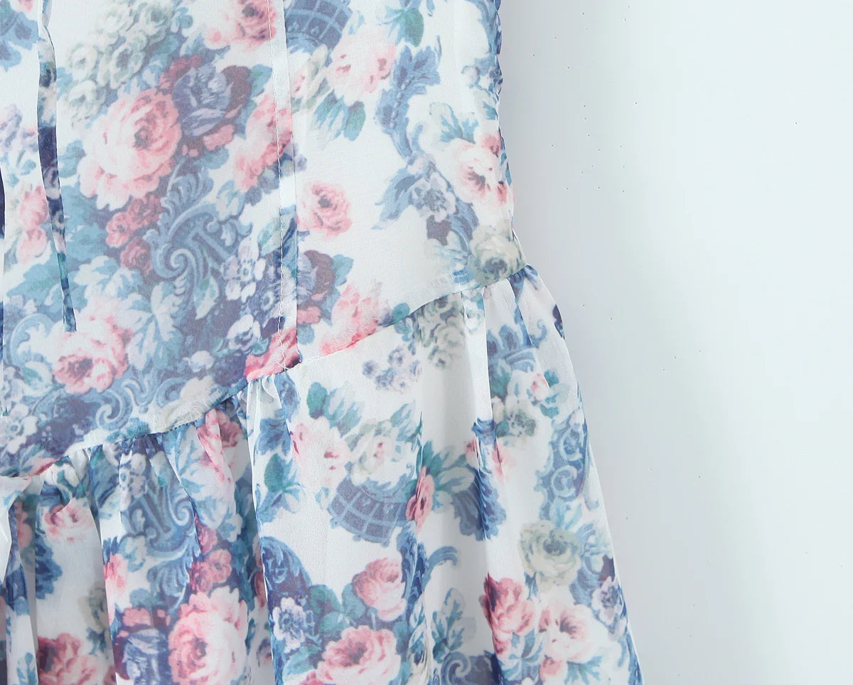 YENKYE Boho Blue Floral Print Mini Dress Women Puff Sleeve Lace Spliced A-line Beach Holiday Summer Dresses 2025 Short Robe