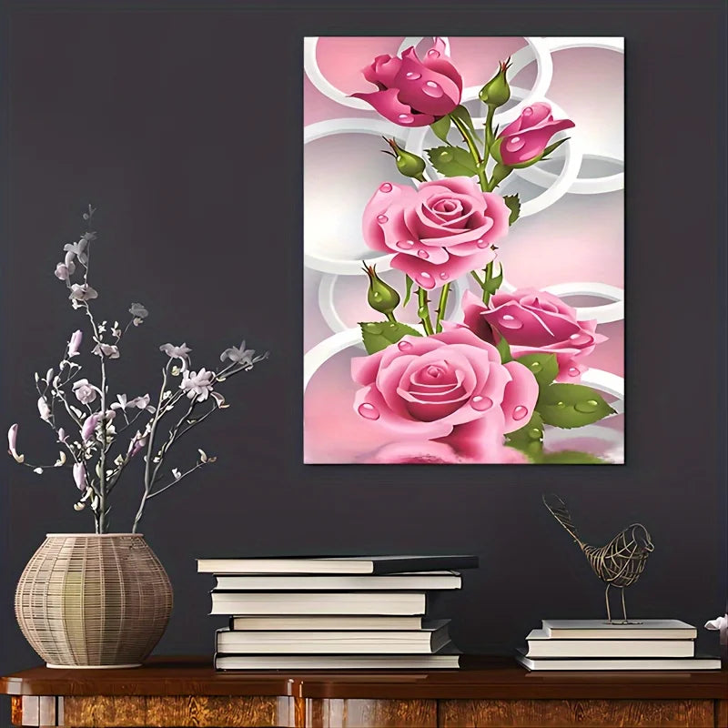 1 Wooden Framed Canvas Painting Water Drops on Pink Roses Living Room & Bedroom Home Decor Holiday Gifts