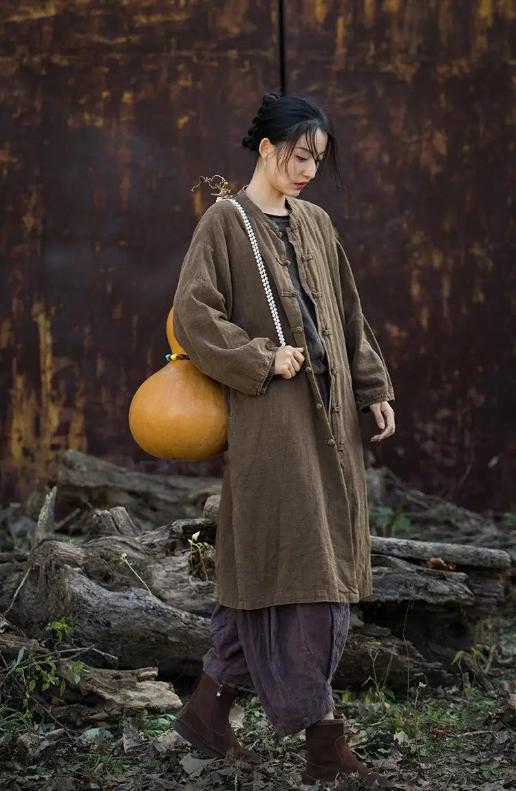 Women Casual Long Jackets New Arrival 2024 Autumn Vintage Style Stand Collar Solid Color Loose Female Cotton Linen Coats M244