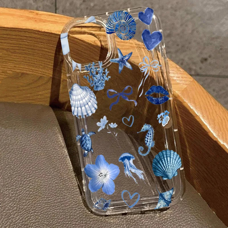 Transparent Turtle Lobster Coconut Print Case For iPhone 16E 16 15 14 13 12 11 Pro Max Mini Soft Covers
