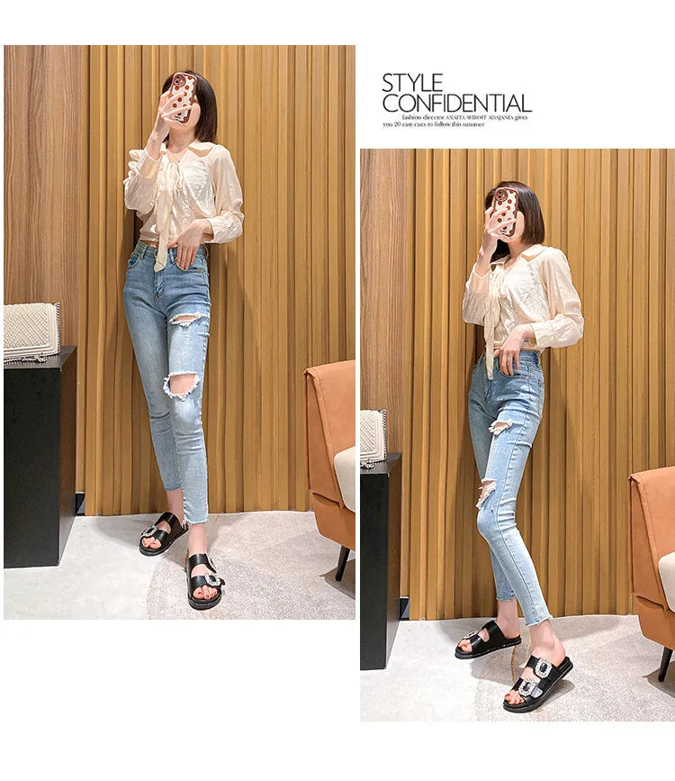 2025 Brand Rhinestone Buckle Sandals Women Double Band Slippers Crystal Shoes Ladies Casual Slides Slip On Flat Heels Flip Flops