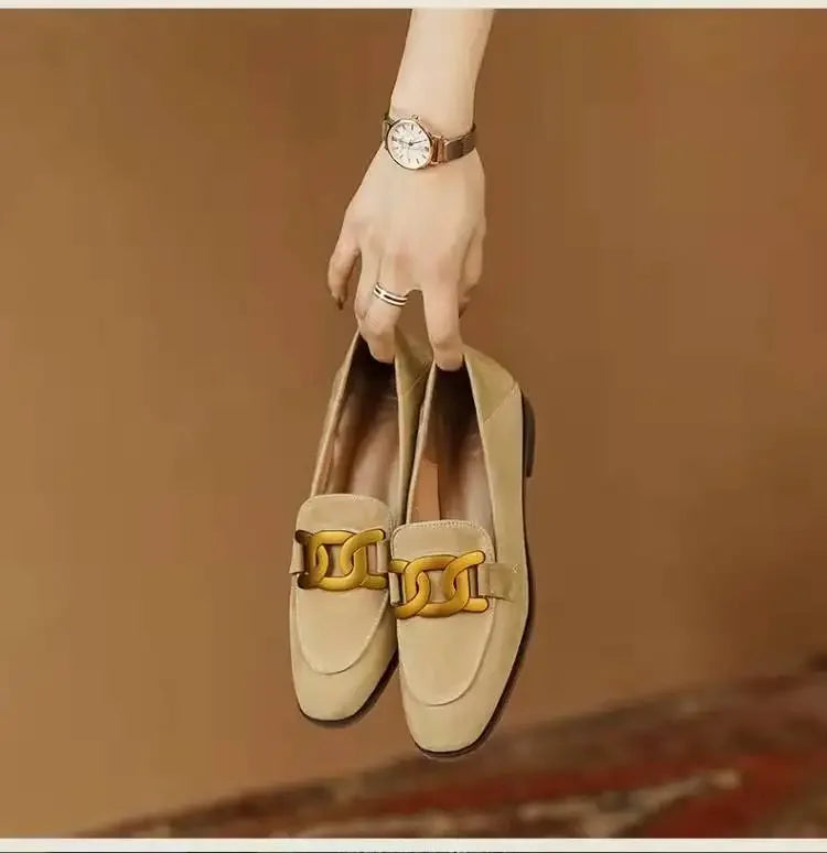 Women's Single Shoes with Heels Pointed Toe Metal Decoration Shallow Women Shoes Square Heel Spring Rubber Sole Zapatos De Mujer