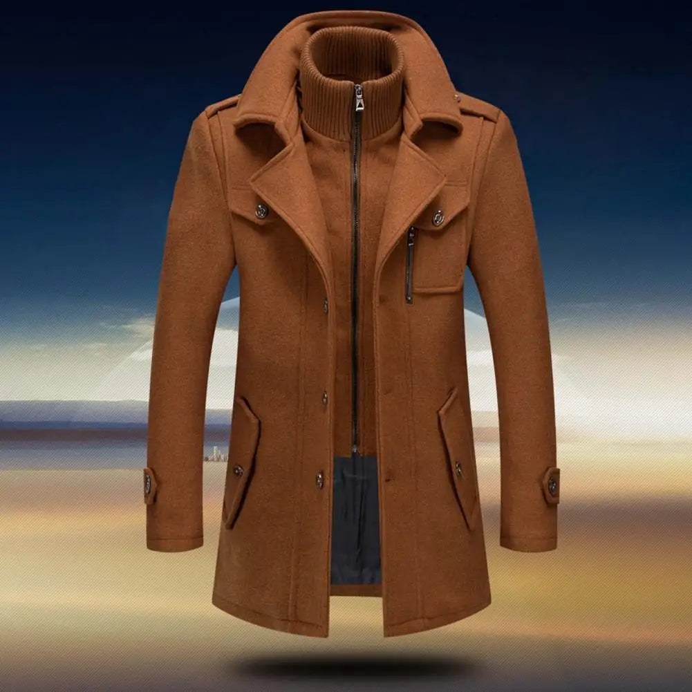 Stylish  Coat Temperament Zipper Buttons Coat Solid Color Autumn Winter Men Jacket for Business