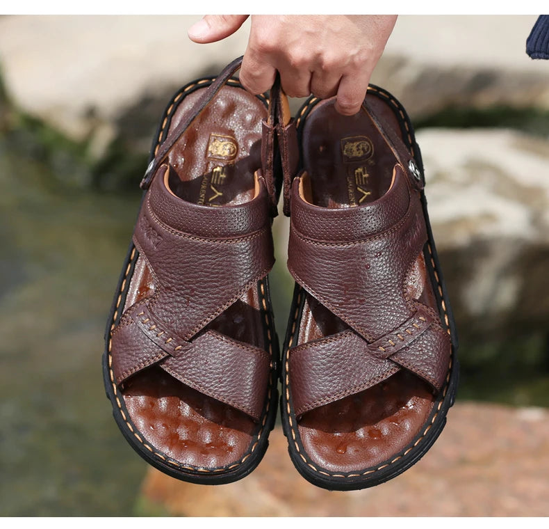 LAORENTOU cowhide breathable outdoor leisure beach shoes, anti slip thick sole leather sandals for external wear