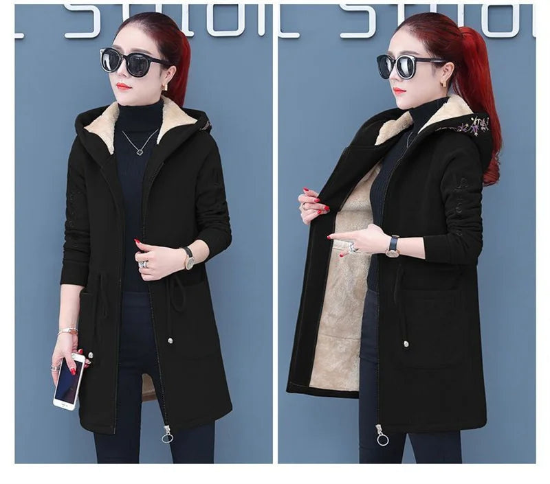 Plus Velvet Thick Lamb Plush Jacket Women 2025 New Autumn Winter Parkas Lace-Up Of Hooded Loose Long Embroid Trench Coat Female