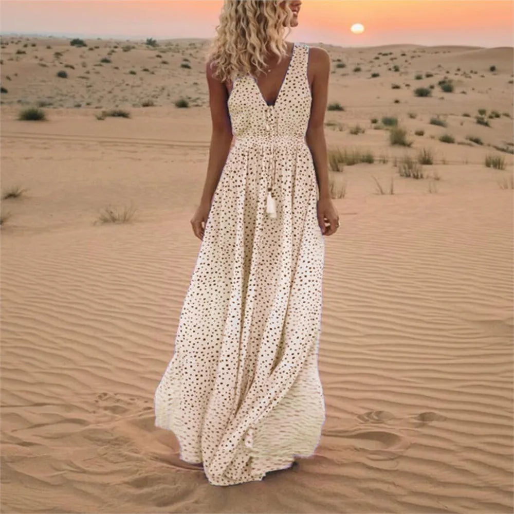 Fashion Print Sleeveless Long Dress 2025 Summer Casual Boho V Neck Loose A Line Dress Elegant Beach Party Dress Robe Femme