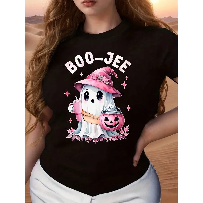 Women's Boo Jee Anime Pumpkin Pattern Cotton T-shirt Casual Round Neck Pink Halloween Cotton Loose Women's Round Neck T-shirt
