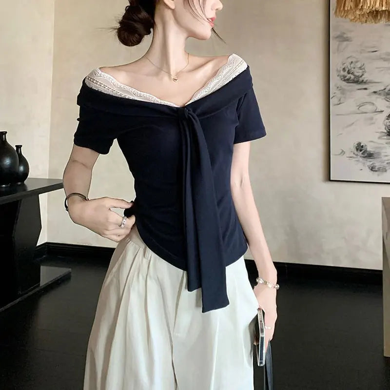 Summer V-Neck Fashionable Lace T-shirts Elegant Bandage Women's Clothing Solid Color Basic Short Sleeve Slim Vintage Pullovers