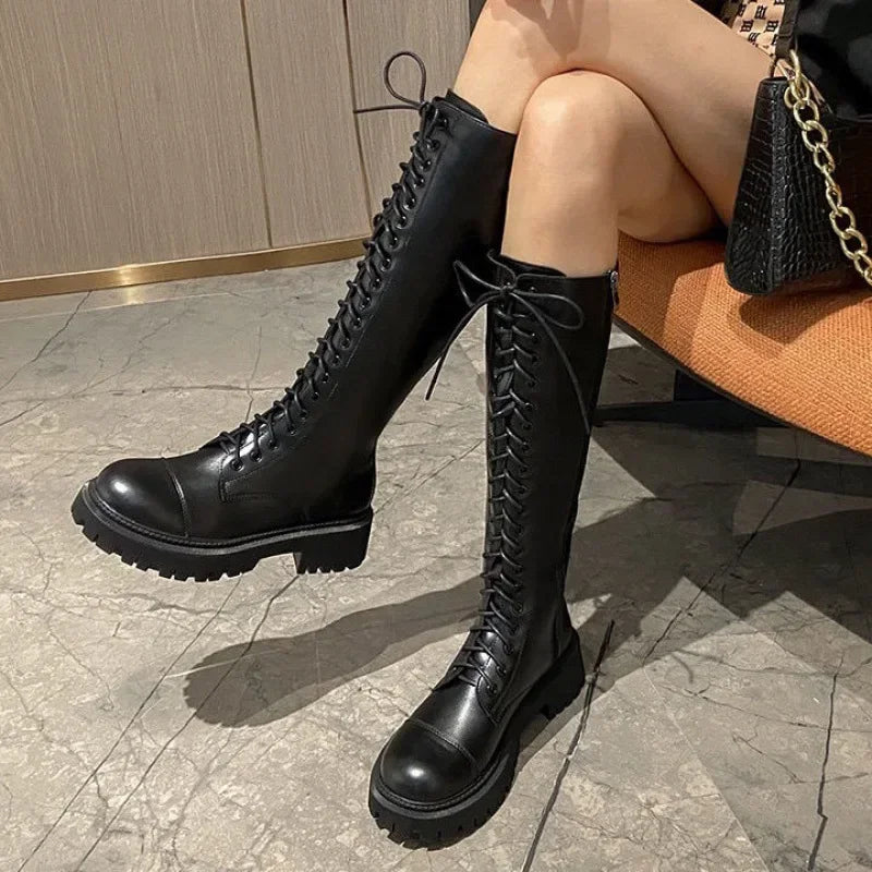 2024 New Women's Long Boots Thick Sole Knight Boots British Style High Non-knee Rubber Upper Material