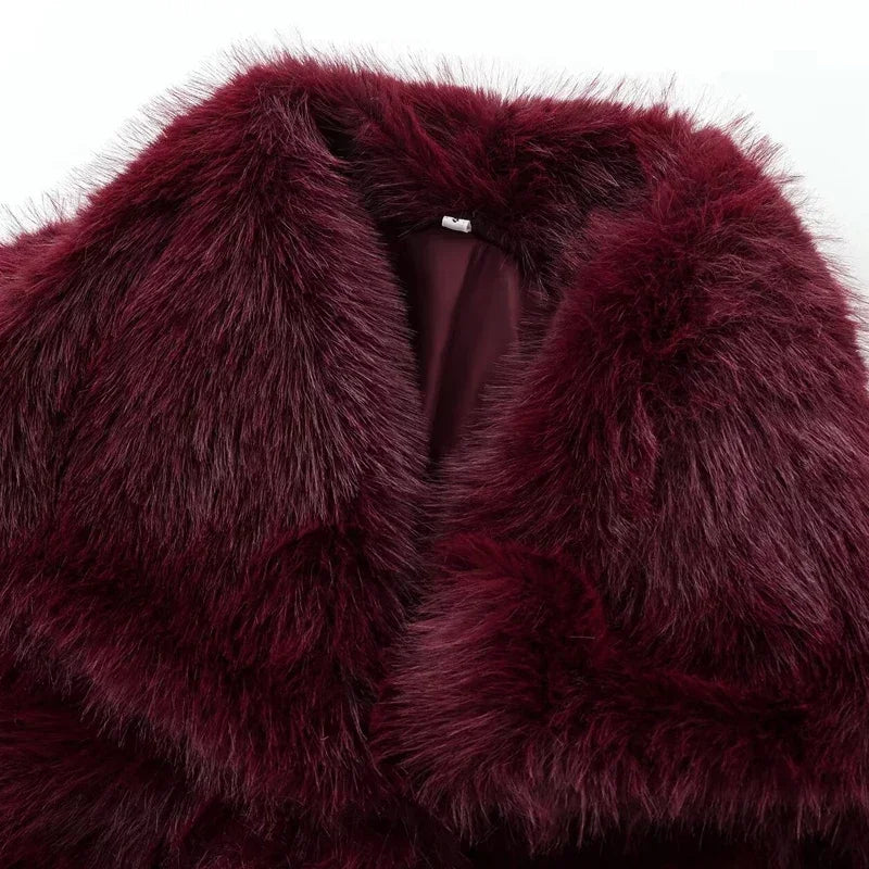 2025 New  Women's Fur Coat Women Plush Burgundy Bomber Jacket Solid Crop Long Sleeve Jacket Warm Winter Coats Woman Casual Coats
