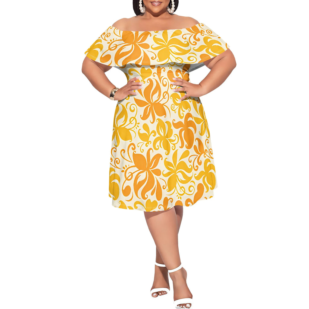 Plus Size Off Shoulder Ruffle Hem Dress Summer Yellow Abstract Floral Print Casual Holiday Look