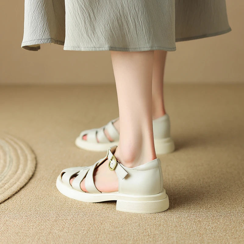 New Summer Sandals Genuine Leather Luxury Roman Sandals Casual Buckle Strap Summer Shoes GLADIATOR Thick Heel Women Shoes