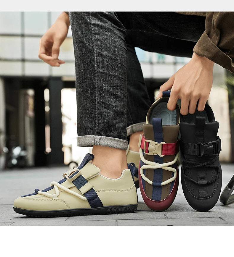 2025 Fashionable Men's Shoes Men Vulcanized Sneakers Leather Casual Shoes Slip-On Walking Travel Shoes Flat Bottomed Work Shoes