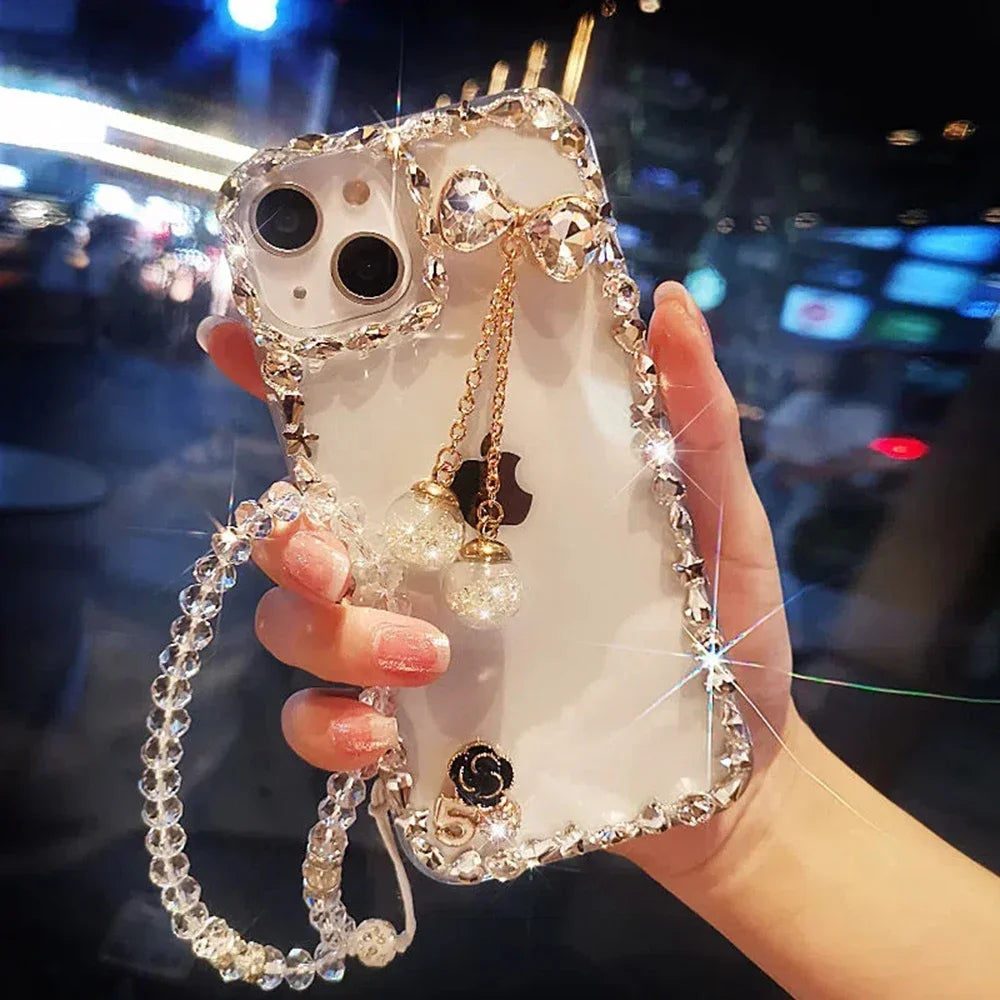 Transparent Case for iPhone16, 15, 14, 13, 12 17 Air Bowknot with Hand Chain, Camera Lens Frame, Glitter Diamond, Luxury