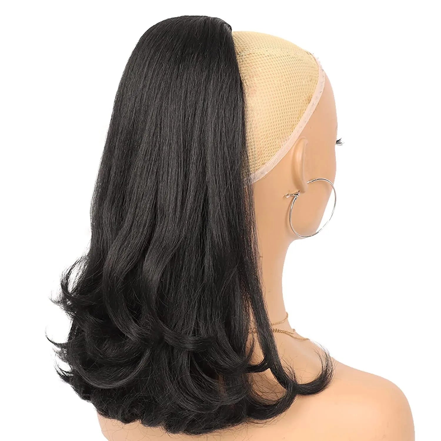 Synthetic Tail Warping 16"  Kinky Straight Hairpiece Drawstring Ponytail Hair Extension Natural Black Women Girl Daily Party Use