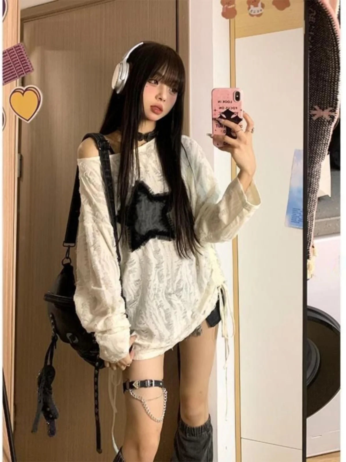 New 2025 Japanese Sle Dstring Spicy Girl T-irt Women's Spring Autumn Star Hole Loose Long Sve Top Fem Faion