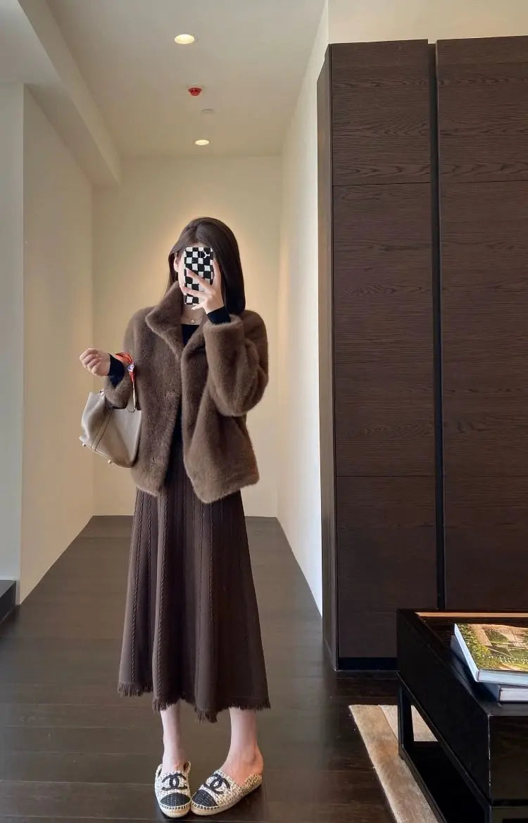 Spring Autumn Lady Short Leather Fur Outwear 2024 Women Fashion Stand Collar Mink Fur Top Female Long Sleeves Fox Jacket