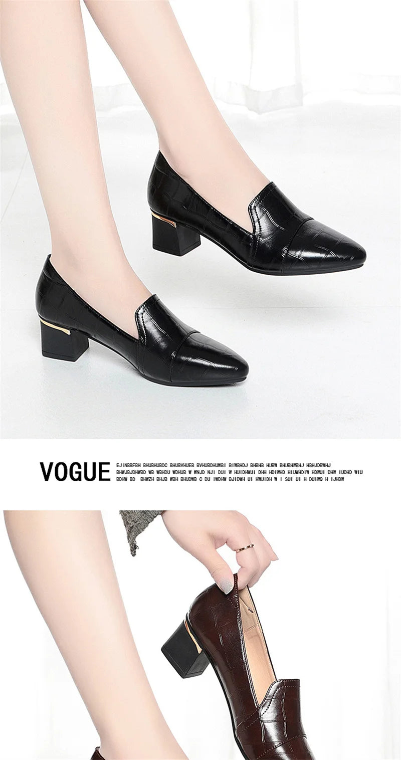 Mom Shoes Spring And Autumn Women's Leather Shoes Thick Heels Work Women's Shoes Comfortable Soft Sole Single Shoes Work Shoes