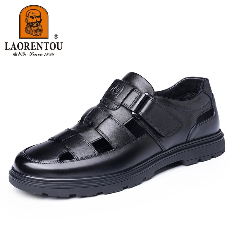 LAORENTOU leather sandals, men's breathable hollow hole shoes, toe wrapped cowhide, anti slip and wear-resistant casual  shoes