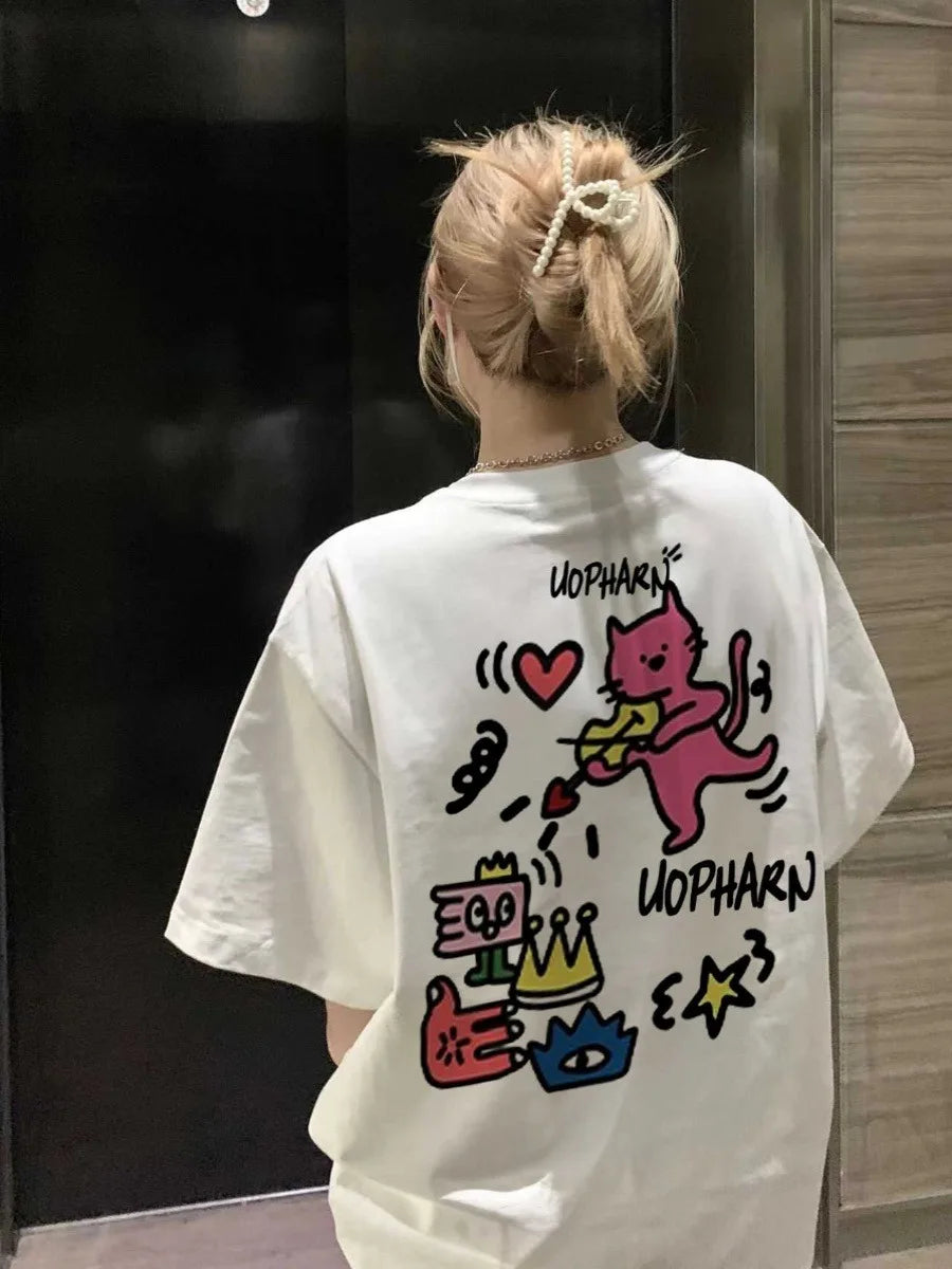 ins Cute Cartoon Print T-shirt Women's Summer 2025 New 100% Cotton Short sleeves American style T-shirt Y2k Top Female clothing