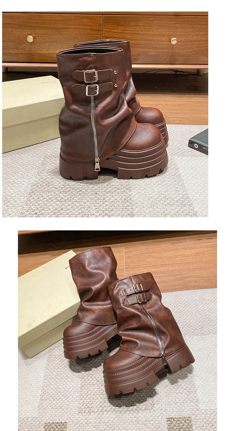 10CM Winter Warm Chunky Short Boots Women High Heels New Mid Calf Leather Sneakers Trend Buckle Motorcycle Boots Fur Snow Shoes