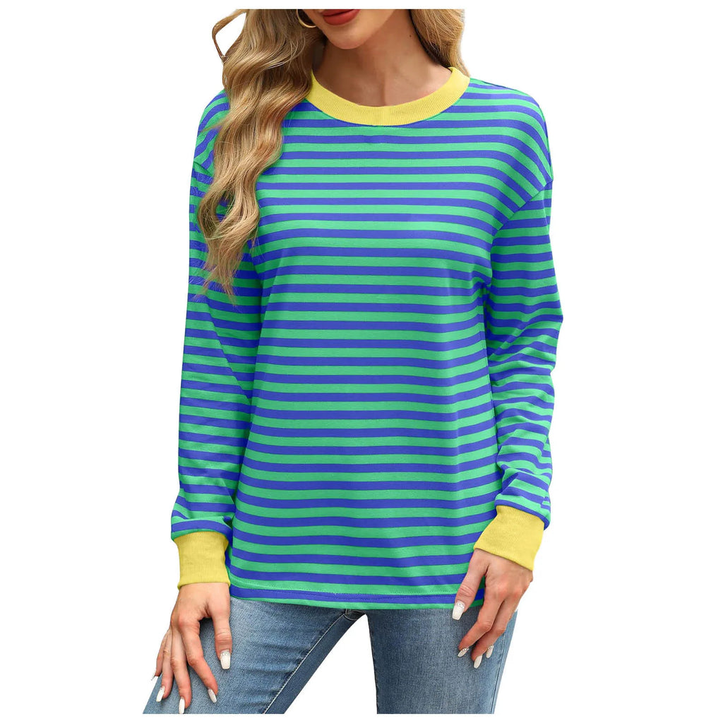 Women Casual Top Fashion Contrast Loose Round Neck Long Sleeve Stripe Printed Top Oversized Loose Pullover Autumn Clothes