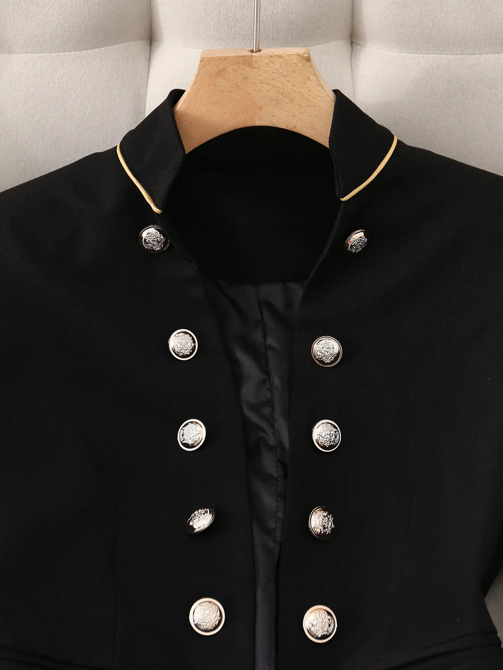 Elegant Black Double-Breasted Blazer with Golden Buttons -Long Sleeves, Polyester Fabric, Perfect for Spring/Fall, Formal Attire