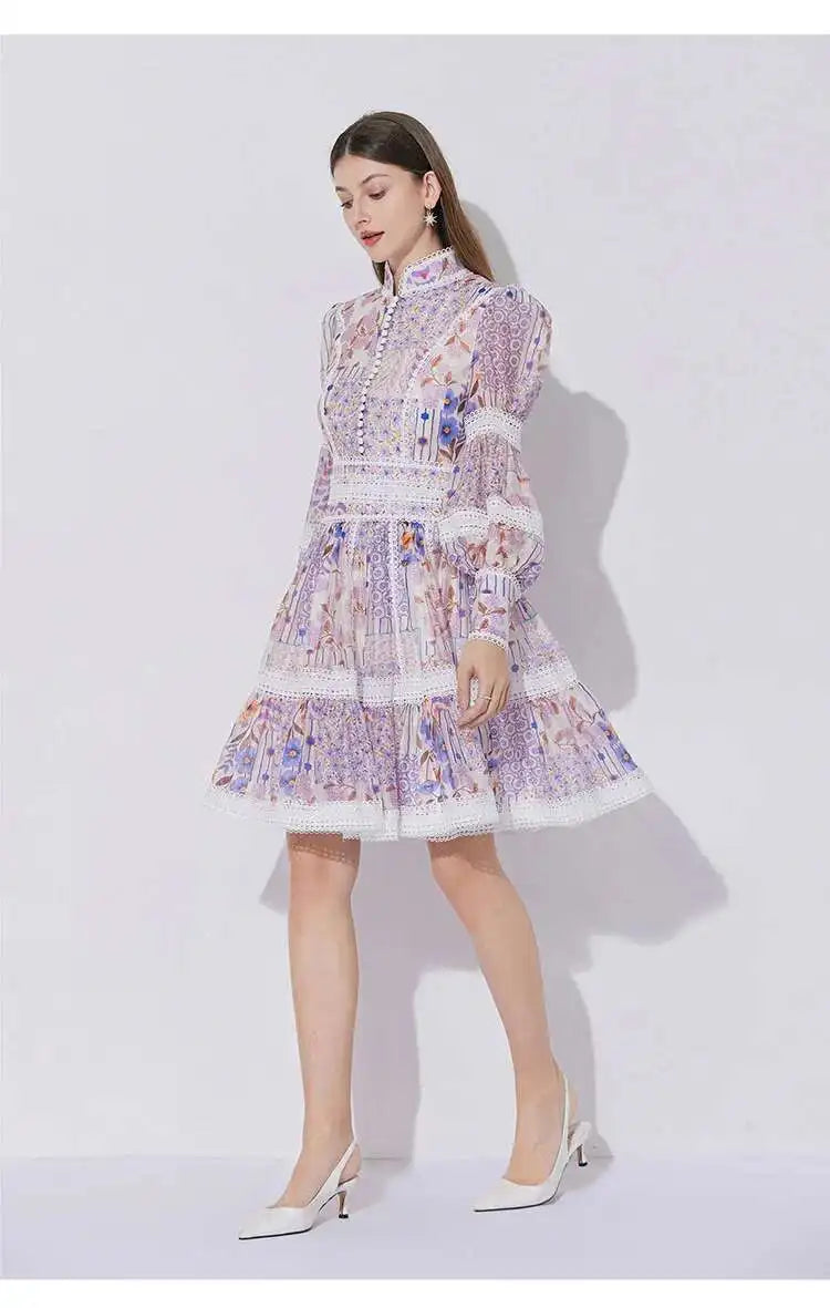 Elegant Long Sleeve Floral Short Dresses Shirt For Women Summer Autumn Holiday Hollow Out Printed Party Dress