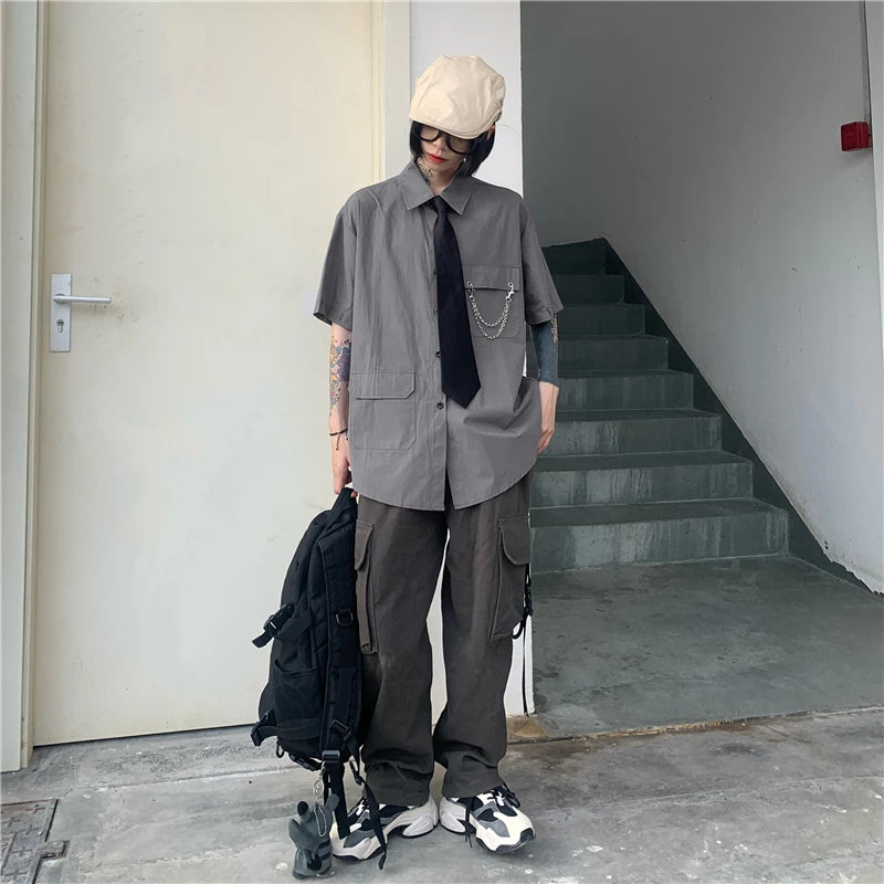 Women's Two-Way Wear Long Sve irt Loose Fit Street Sle Korean Version Retro BF Top  Collar Button up Polyester