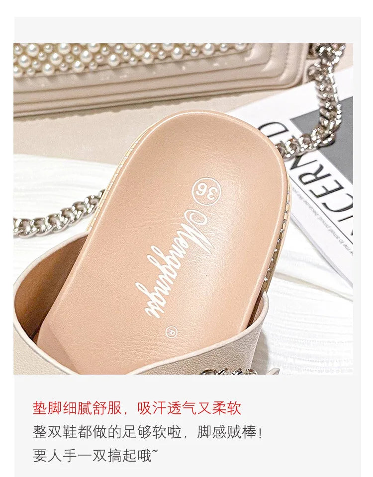 2025 Brand Rhinestone Buckle Sandals Women Double Band Slippers Crystal Shoes Ladies Casual Slides Slip On Flat Heels Flip Flops