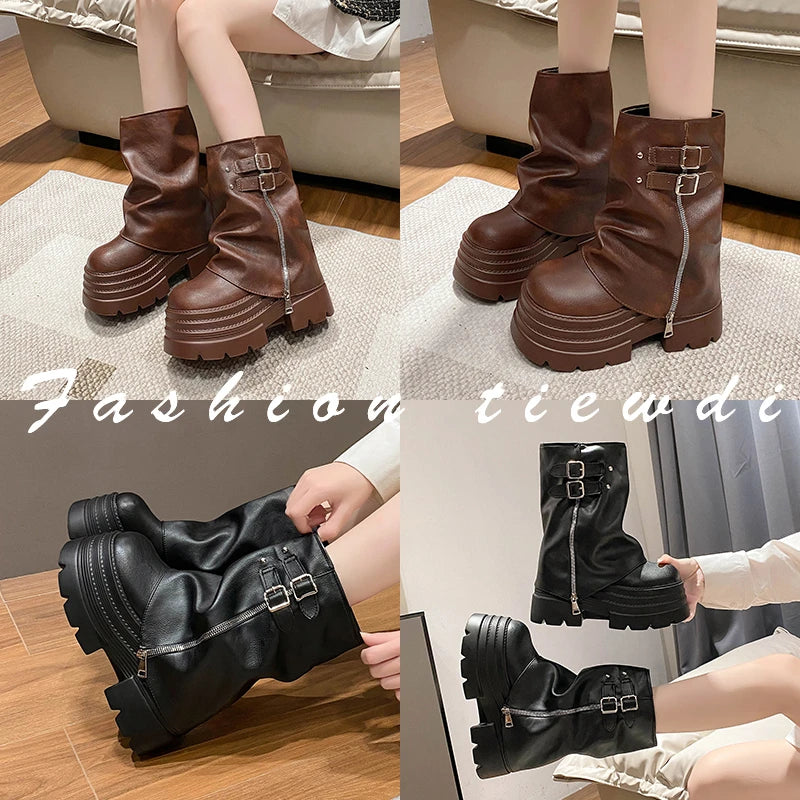 10CM Winter Warm Chunky Short Boots Women High Heels New Mid Calf Leather Sneakers Trend Buckle Motorcycle Boots Fur Snow Shoes