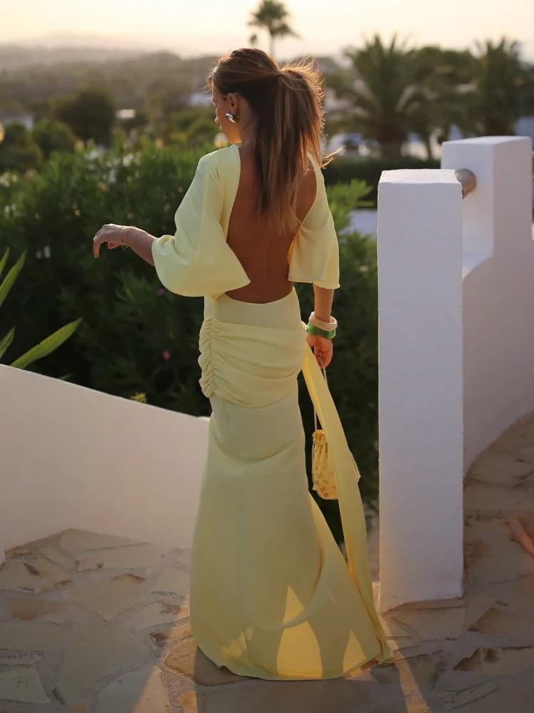Irregular Yellow Backless Maxi Dress Women's Elegant Half Sleeve Split Slim Fit Pleated Robes 2025 Lady Evening Party Gowns New