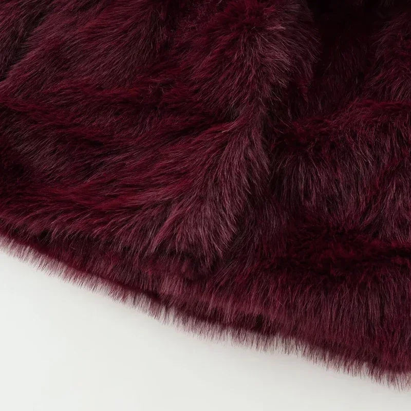 2025 New  Women's Fur Coat Women Plush Burgundy Bomber Jacket Solid Crop Long Sleeve Jacket Warm Winter Coats Woman Casual Coats