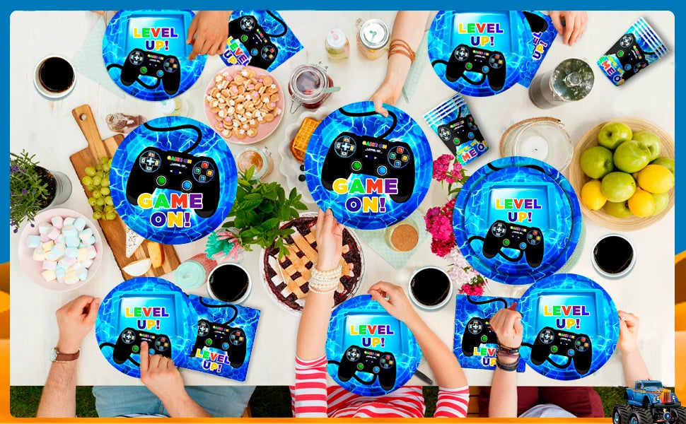 Gamer Birthday Decorations Blue, 65pcs Gaming Party Tableware Set - Game Themed Party Plate Cups Napkins Tablecloth etc