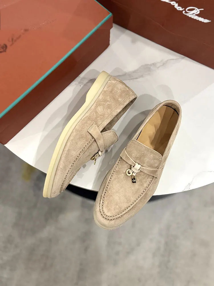 Summer Walk Genuine Leather Casual Slip-On Loers Women's Faion Single oes Comfortable round Toe Flat Heel All-Match Color