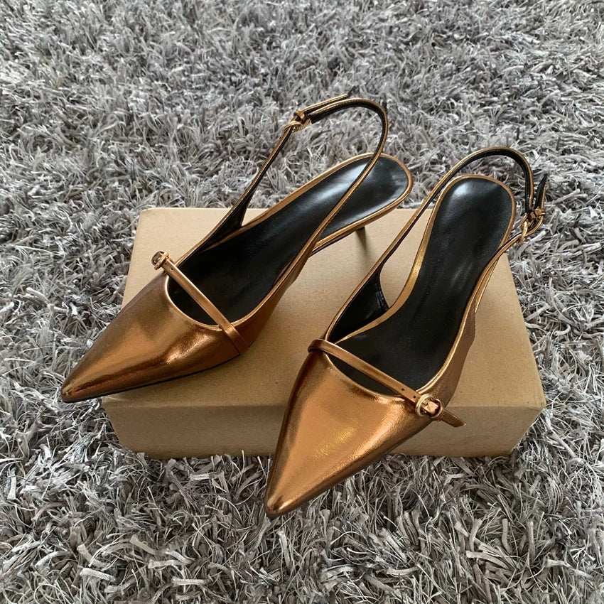 Pointed Toe Buckle Strap Ladies Sandals Gold Shallow Fashion Sexy Party Slingbacks 2025 Summer High Heeled Shoes Woman