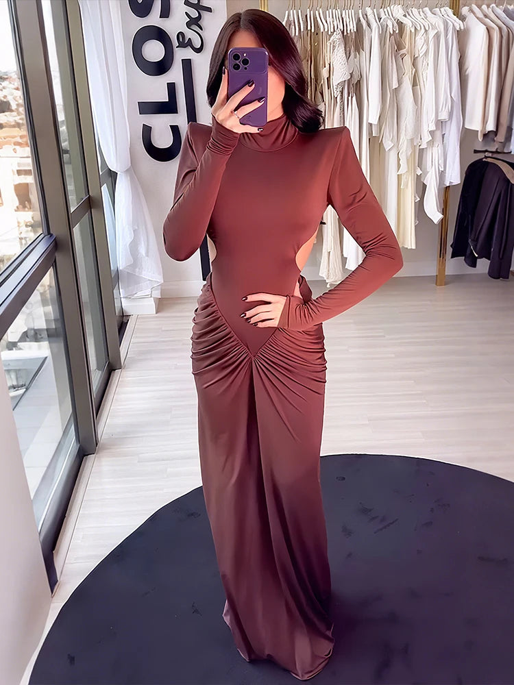 Cutenew High Street Women Maxi Dress Classic Sexy Backless Straight Shoulder Full Sleeve Ruched Bodycon Mujer Evening Vestidos