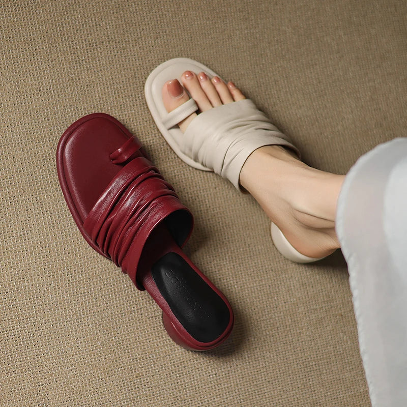 2025 NEW Summer Women Mules Genuine Leather Shoes for Women Open Toe Med Heel Shoes Slippers Pleated Modern Sandals