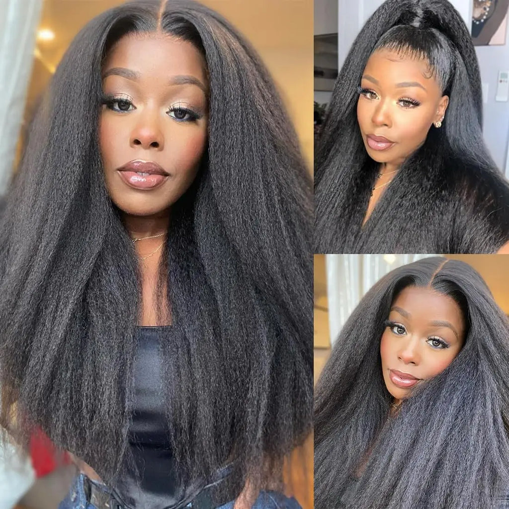 100% Human Hair Kinky Straight 13x6 HD Lace Frontal Human Hair Wig Indian Transparent Lace Front Wig For Women PrePlucked 200%