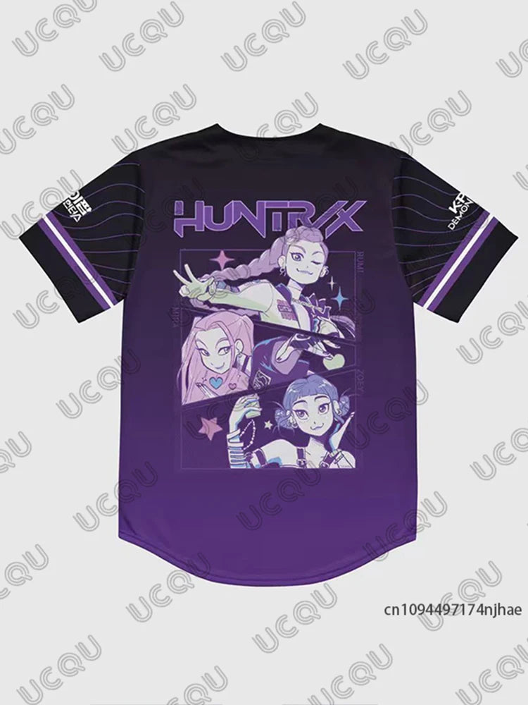 KPop Demon Hunters Derpy Tiger Baseball Jersey Couples For Women Men V-Neck Short Sleeve Shirts Casual Streetwear Button Up Tops