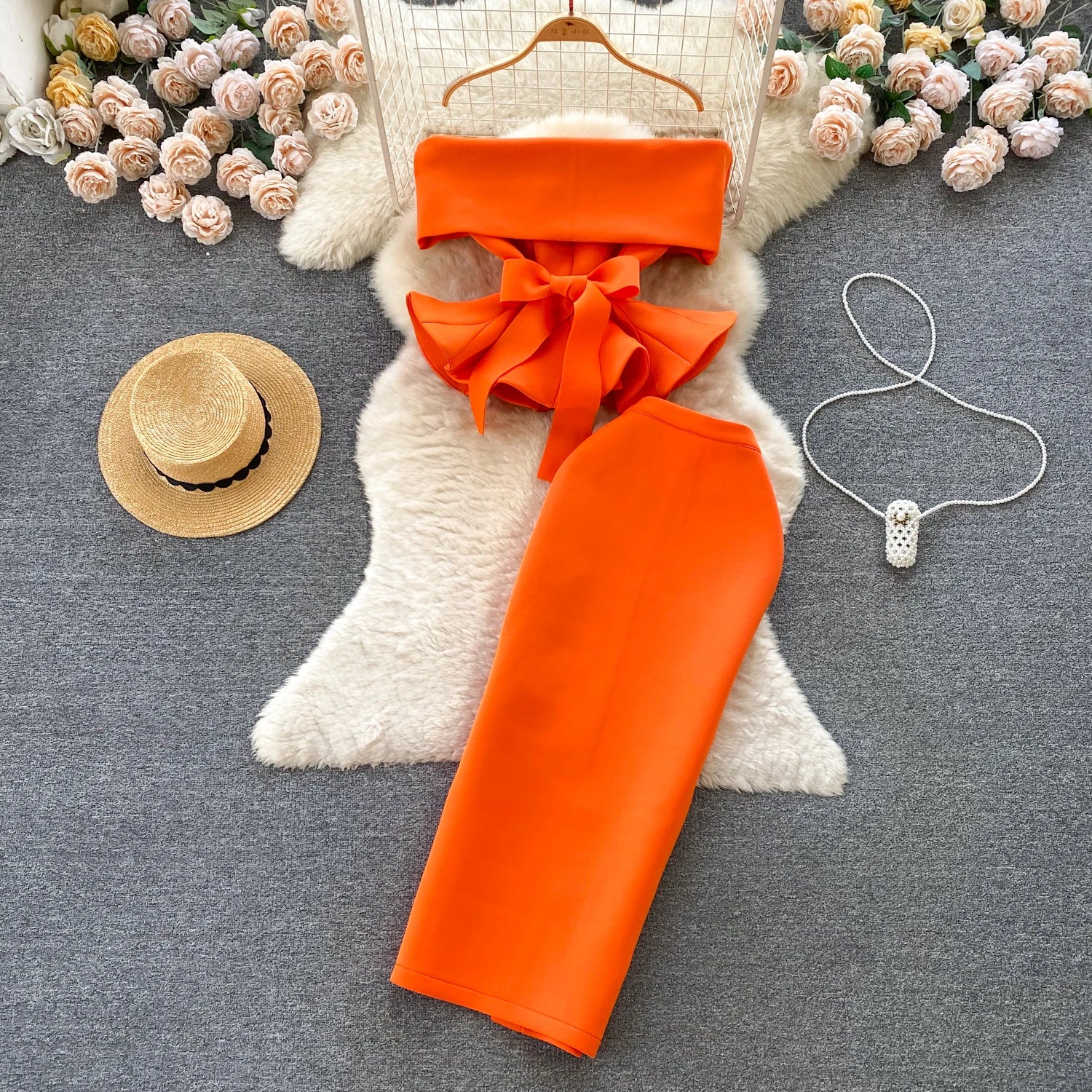 Sexy One-oulder Banded Waist Gown Set with Pleated Skirt Two-Piece Ensemble Courtly Sle Versatile Top f-length A-Line ...