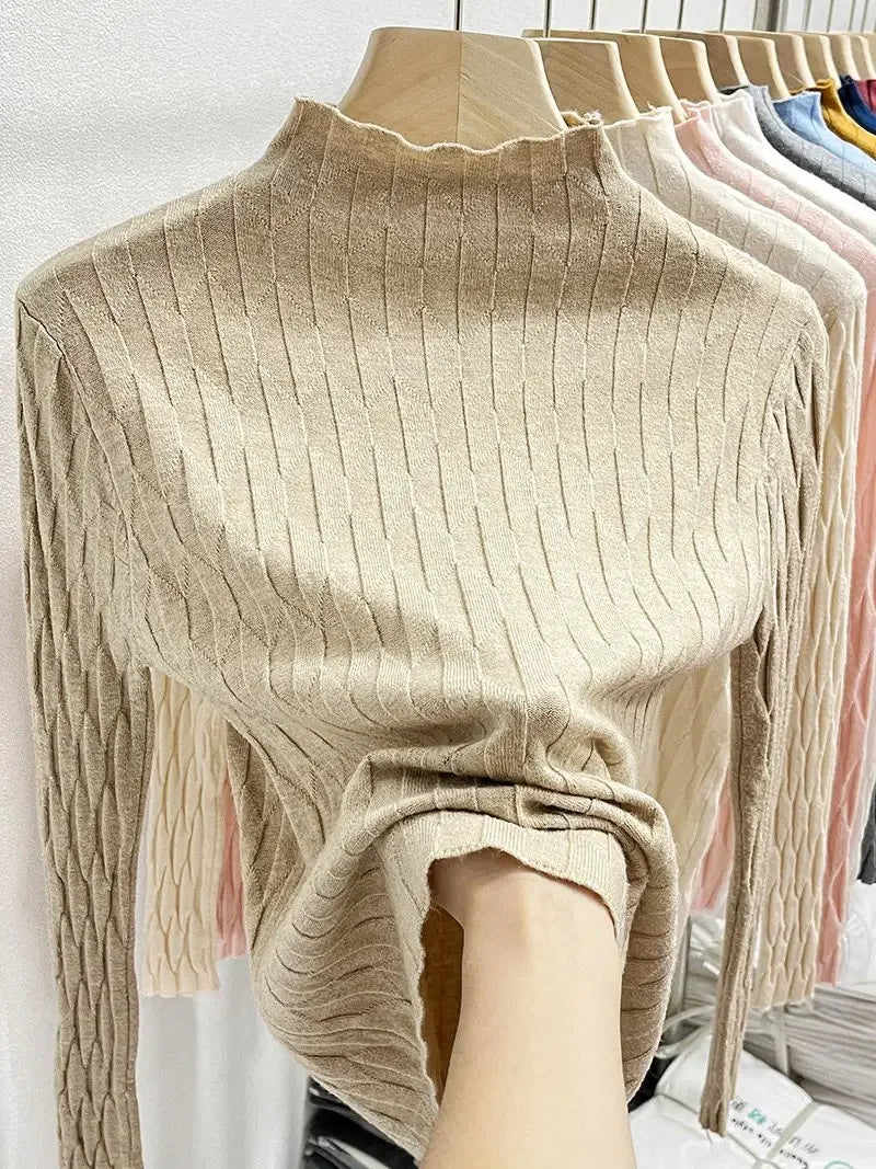 2025 Slim Fit Knitted Base Pullovers Autumn Winter Turtleneck Sweater Women's Solid Long Sleeve Casual Ruched Sweater