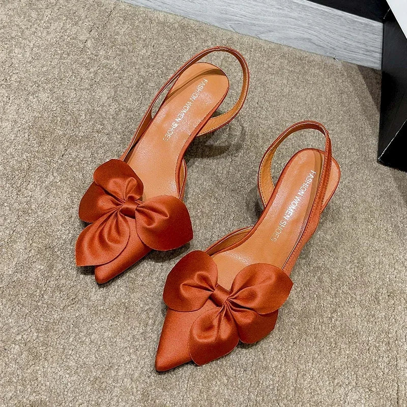 Lady Kitten Heels Back Strap Sandals Silk Statin Big Bow Fashionable Shoes Kitten Heels Back Strap 7cm Pumps In Orange Green 42