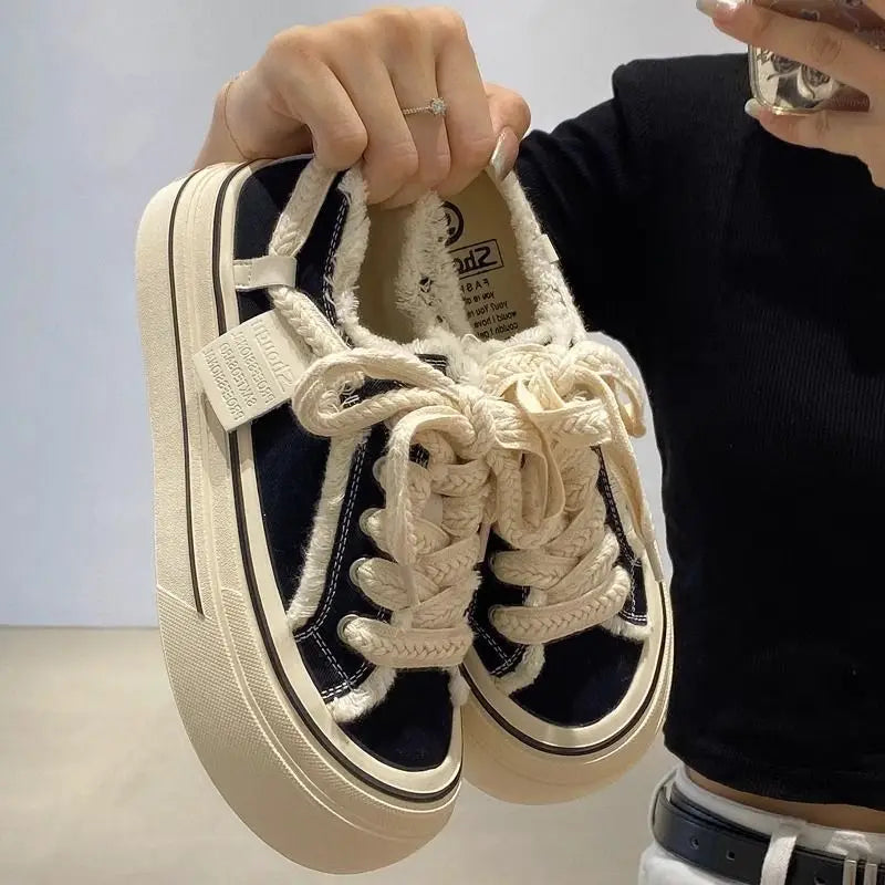 Front Lace Up Casual Sneakers New Breathable Floral Canvas Shoes Autumn Tenis De Mujer Thick Platform Color Matching Sneakers