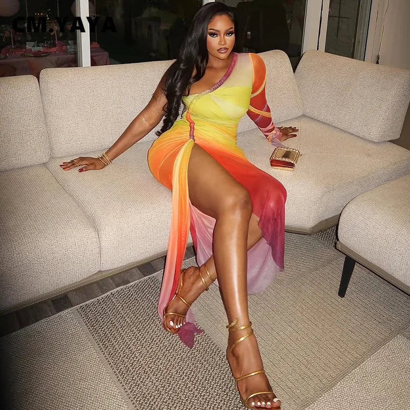 CM.YAYA Summer Women One Full Sleeve Tie Dye Print Midi Dress High Side Split High Waist Night Club Party Dresses Vestidos