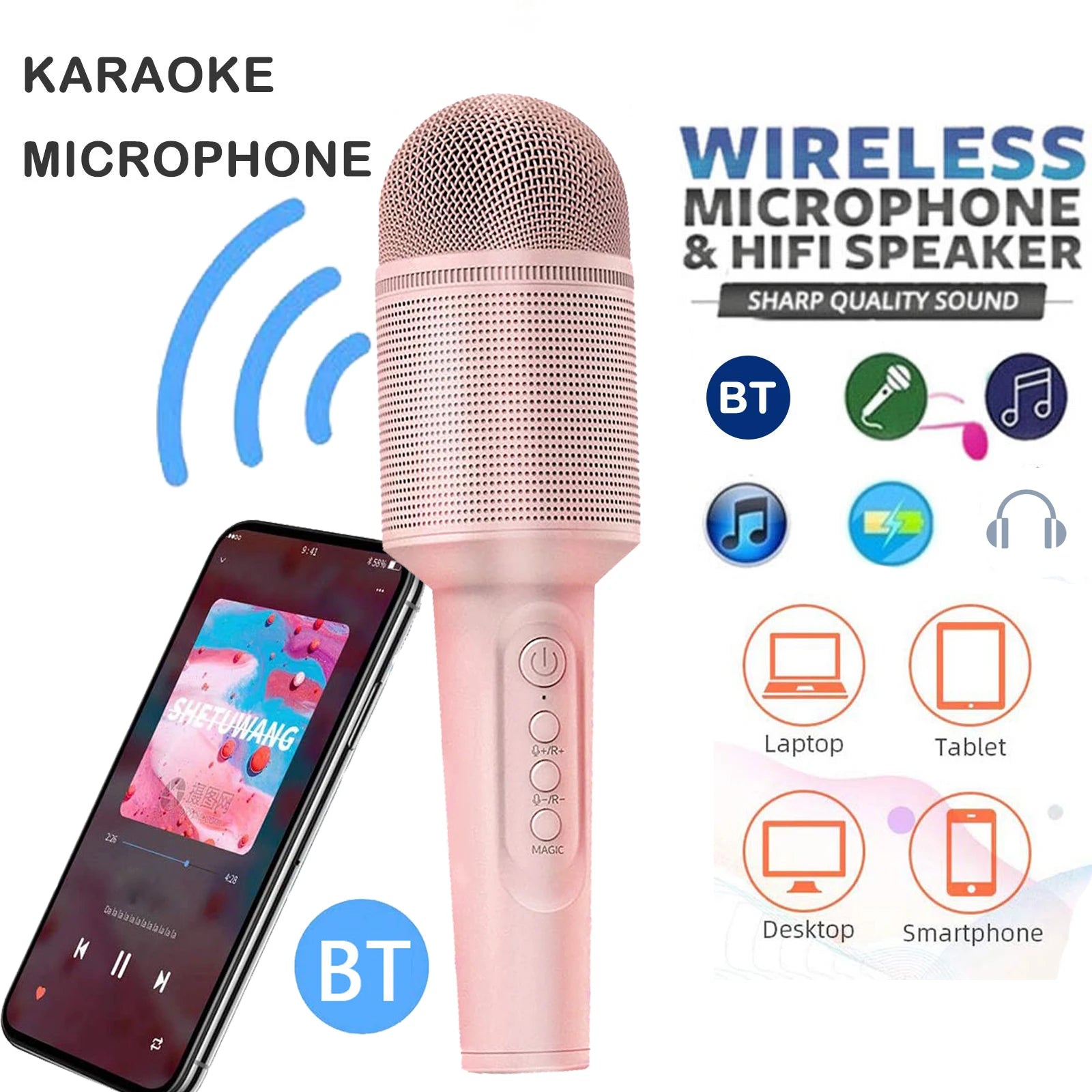 Karaoke Microphone Bluetooth Wireless Portable Home Singing Machine with Duet Sing/Record/Play/Reverb for Adult/Kid Gift