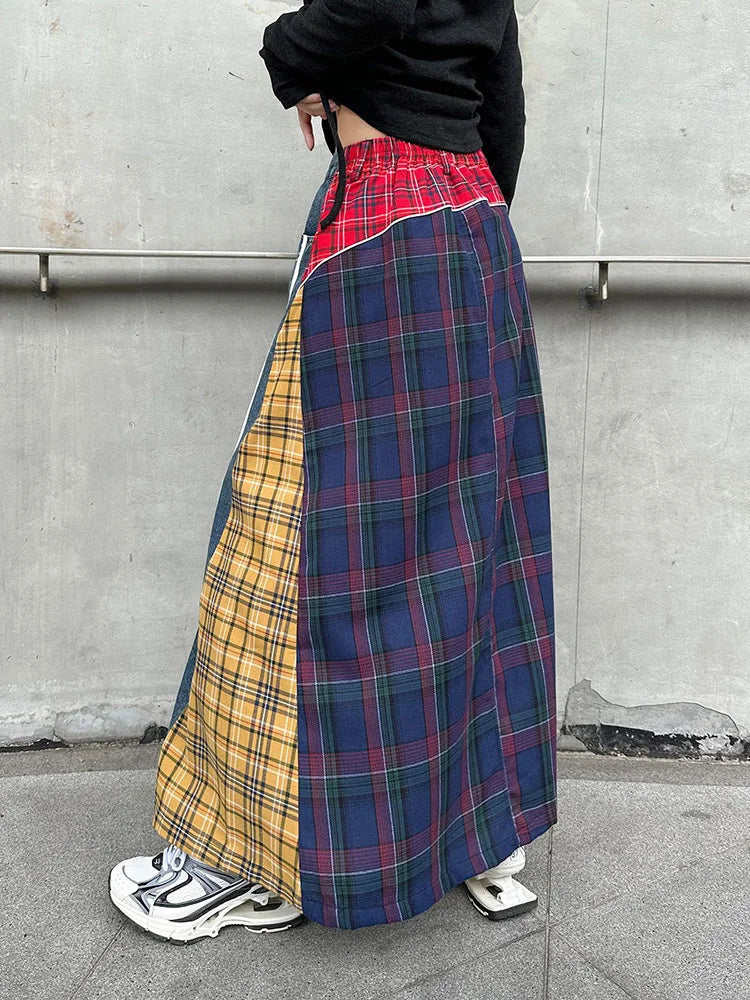 [EAM] High Elastic Waist Blue Back Plaid Denim Long A-line Half-body Skirt Women Fashion Tide New Spring Autumn 2025 1DH8117